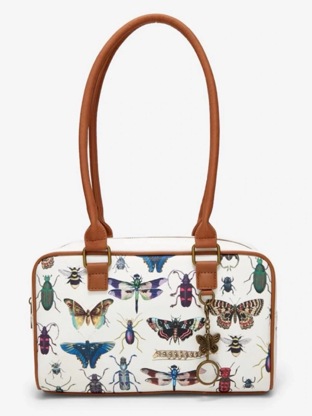 White Botanical Insect-Print Satchel with Tan Straps